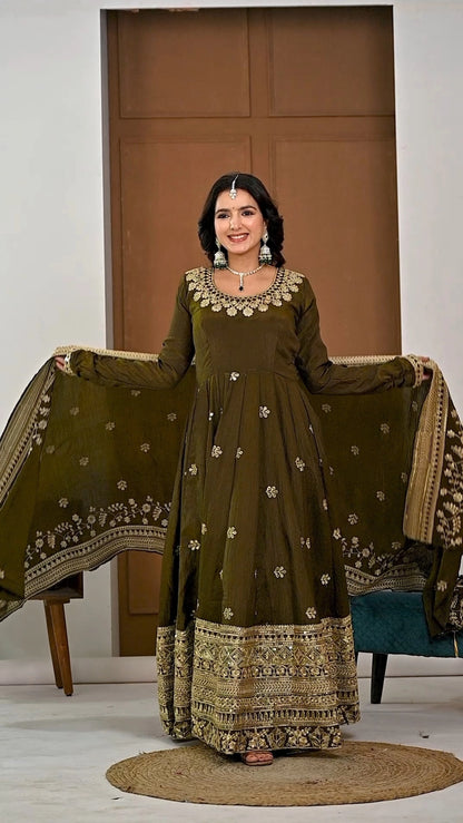 PREMIUM OLIVE GREEN HEAVY EMBROIDERED ANARKALI SUIT SET WITH DUPATTA | WHOLESALE RATE AT GEELAN FASHION SURAT
