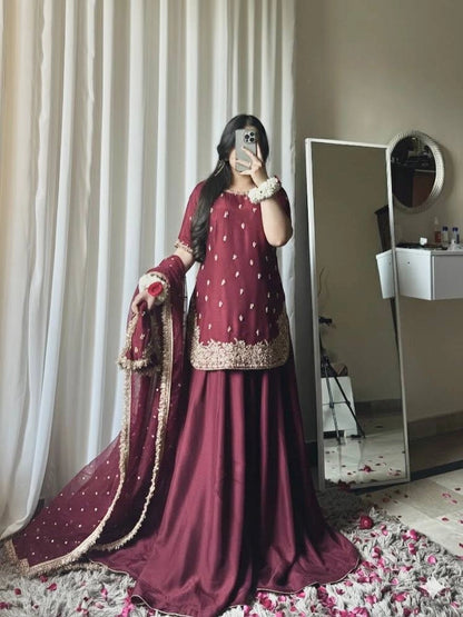 PREMIUM EMBROIDERED SHORT KURTI SHARARA SET WITH DUPATTA | FESTIVE & PARTY WEAR | GEELAN FASHION SURAT
