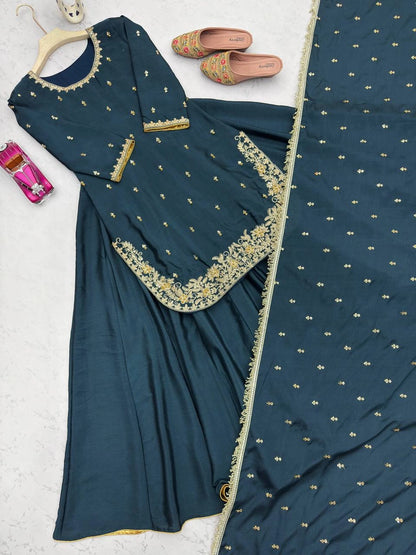 PREMIUM EMBROIDERED SHORT KURTI SHARARA SET WITH DUPATTA | FESTIVE & PARTY WEAR | GEELAN FASHION SURAT