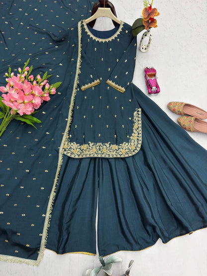 PREMIUM EMBROIDERED SHORT KURTI SHARARA SET WITH DUPATTA | FESTIVE & PARTY WEAR | GEELAN FASHION SURAT