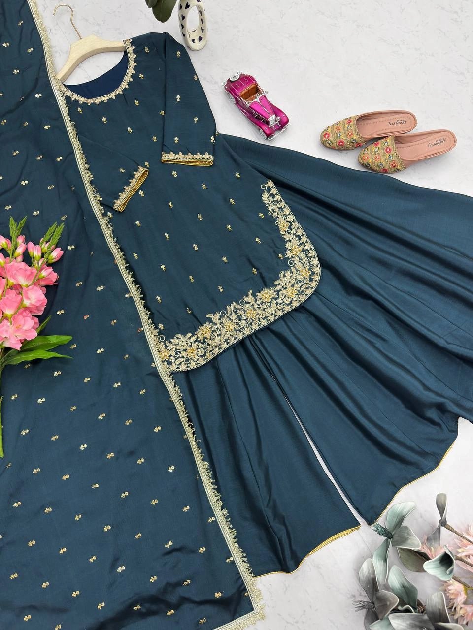 PREMIUM EMBROIDERED SHORT KURTI SHARARA SET WITH DUPATTA | FESTIVE & PARTY WEAR | GEELAN FASHION SURAT