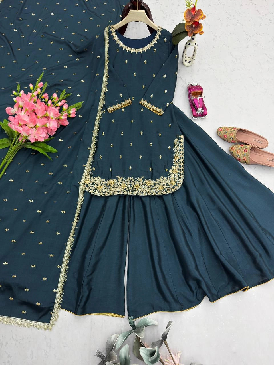 PREMIUM EMBROIDERED SHORT KURTI SHARARA SET WITH DUPATTA | FESTIVE & PARTY WEAR | GEELAN FASHION SURAT