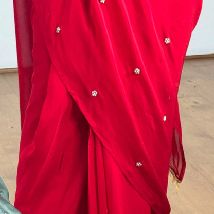 EXCLUSIVE READYMADE 2 STYLES HAND WORKED DRAPE SAREE ON FAUX GEORGETTE FABRIC WITH STITCHED BLOUSE
