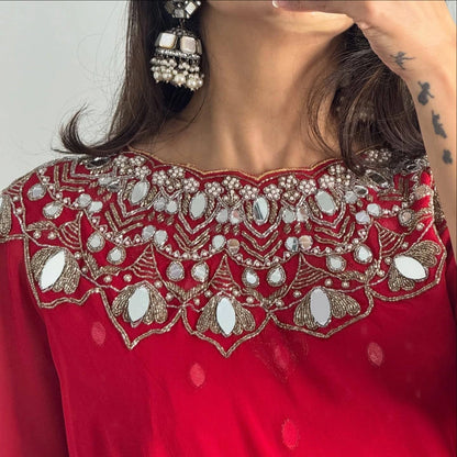 EXCLUSIVE READYMADE 2 STYLES HAND WORKED DRAPE SAREE ON FAUX GEORGETTE FABRIC WITH STITCHED BLOUSE