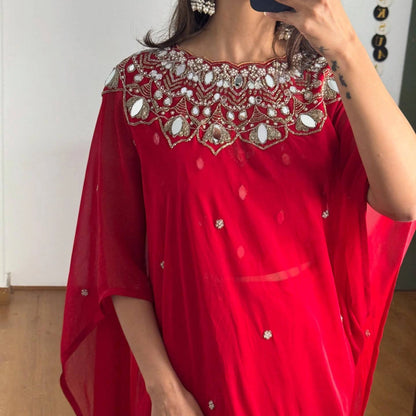 EXCLUSIVE READYMADE 2 STYLES HAND WORKED DRAPE SAREE ON FAUX GEORGETTE FABRIC WITH STITCHED BLOUSE