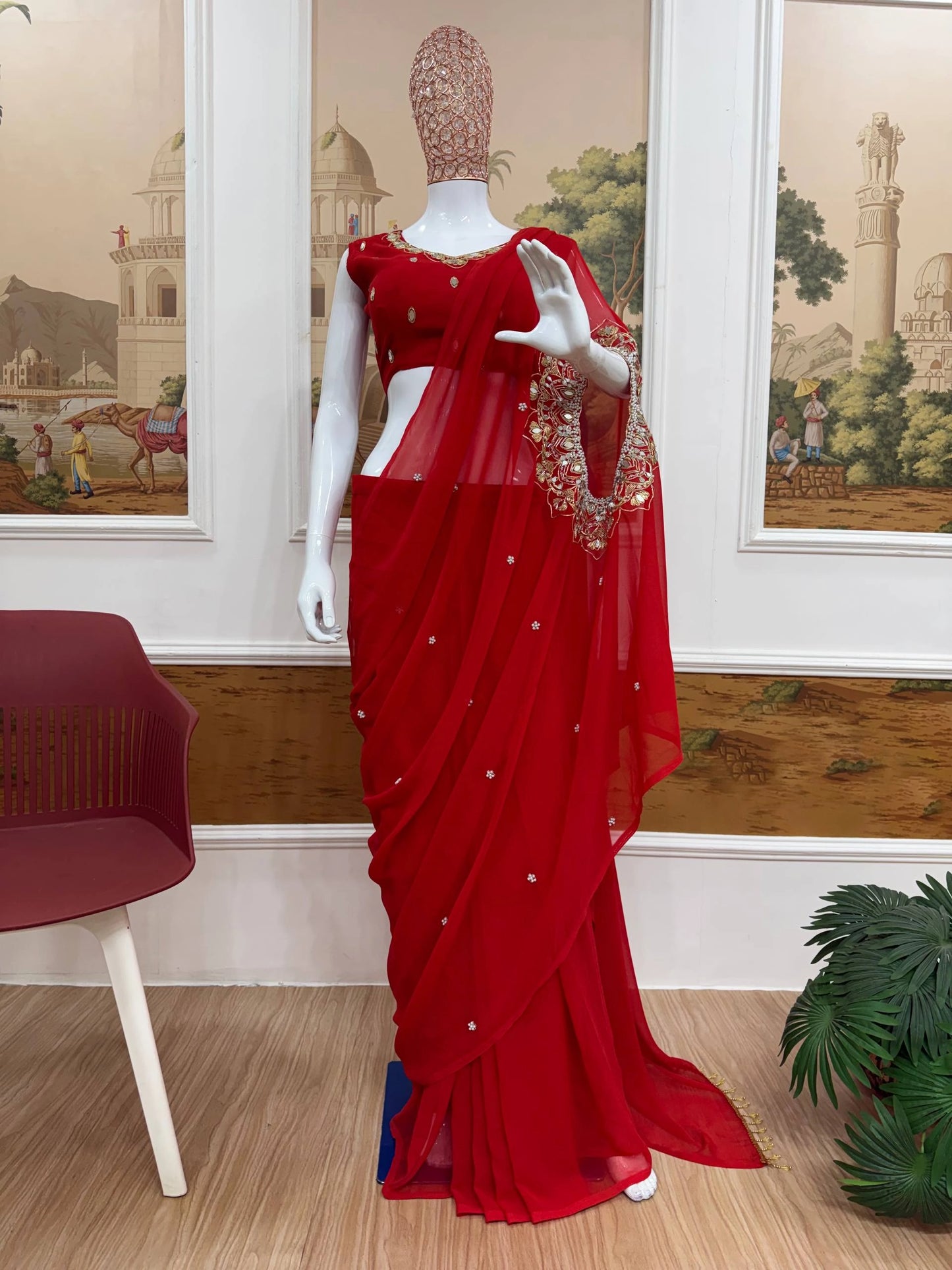 EXCLUSIVE READYMADE 2 STYLES HAND WORKED DRAPE SAREE ON FAUX GEORGETTE FABRIC WITH STITCHED BLOUSE