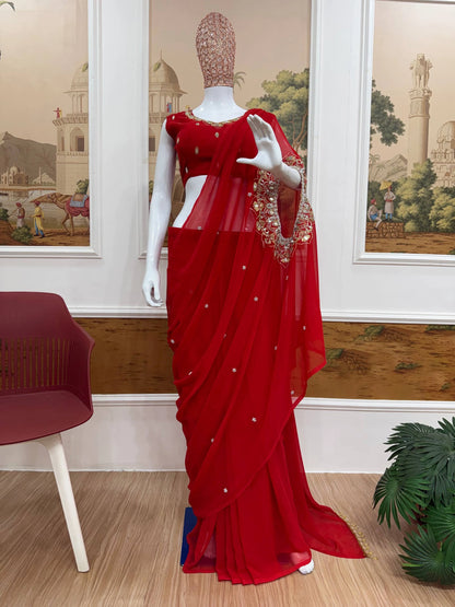 EXCLUSIVE READYMADE 2 STYLES HAND WORKED DRAPE SAREE ON FAUX GEORGETTE FABRIC WITH STITCHED BLOUSE