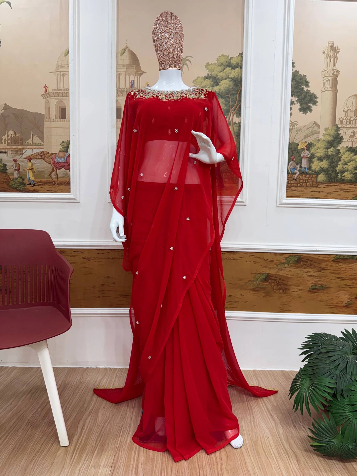 EXCLUSIVE READYMADE 2 STYLES HAND WORKED DRAPE SAREE ON FAUX GEORGETTE FABRIC WITH STITCHED BLOUSE