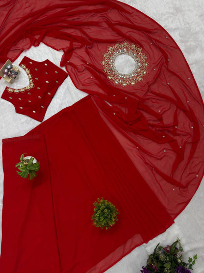 EXCLUSIVE READYMADE 2 STYLES HAND WORKED DRAPE SAREE ON FAUX GEORGETTE FABRIC WITH STITCHED BLOUSE