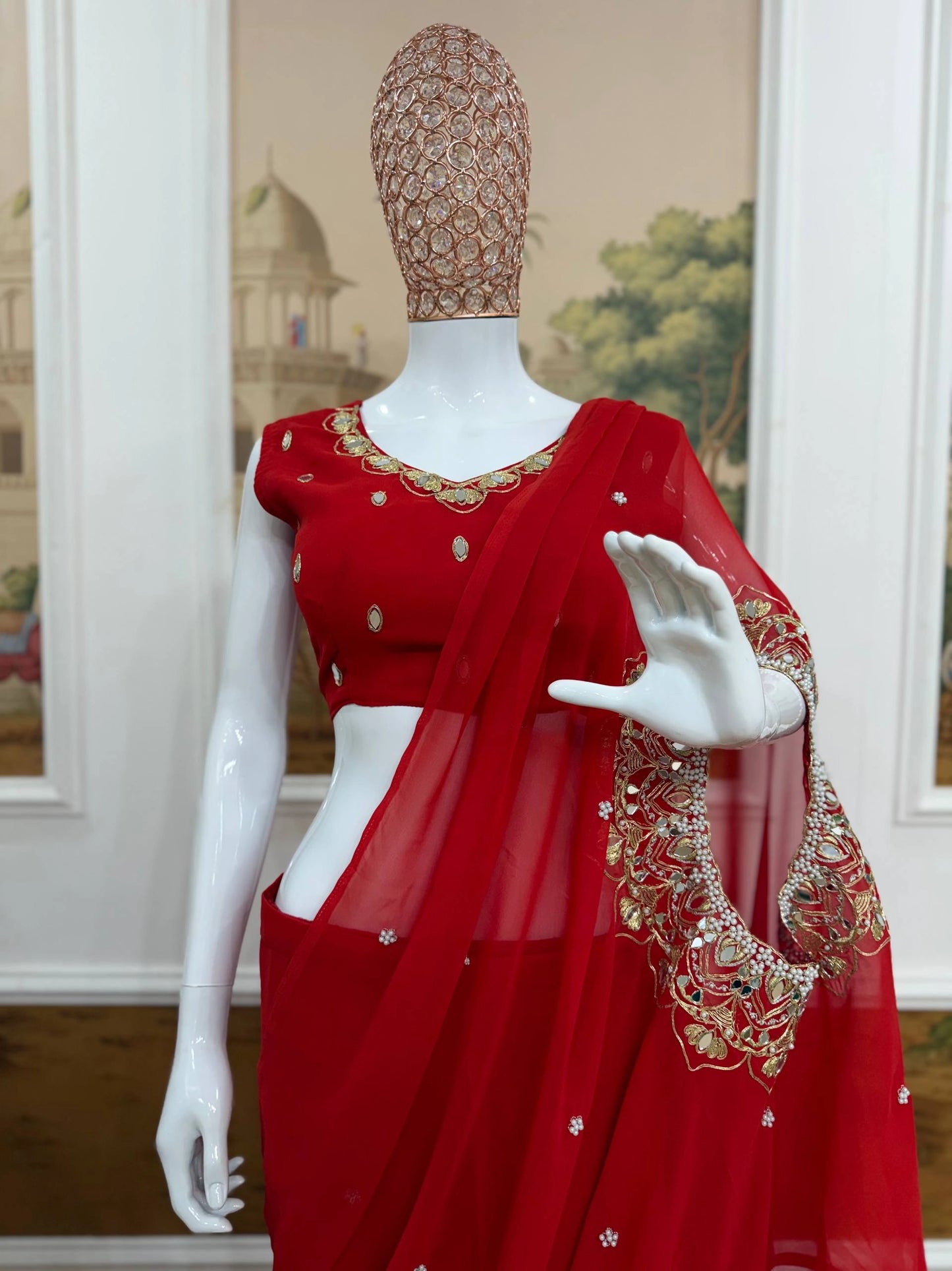 EXCLUSIVE READYMADE 2 STYLES HAND WORKED DRAPE SAREE ON FAUX GEORGETTE FABRIC WITH STITCHED BLOUSE