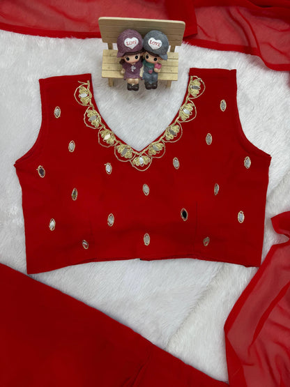EXCLUSIVE READYMADE 2 STYLES HAND WORKED DRAPE SAREE ON FAUX GEORGETTE FABRIC WITH STITCHED BLOUSE