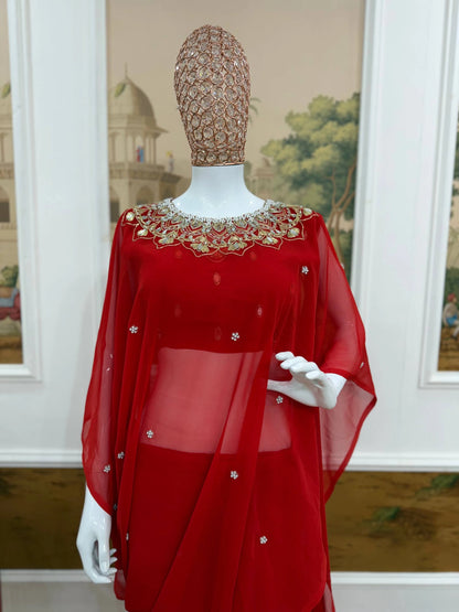 EXCLUSIVE READYMADE 2 STYLES HAND WORKED DRAPE SAREE ON FAUX GEORGETTE FABRIC WITH STITCHED BLOUSE