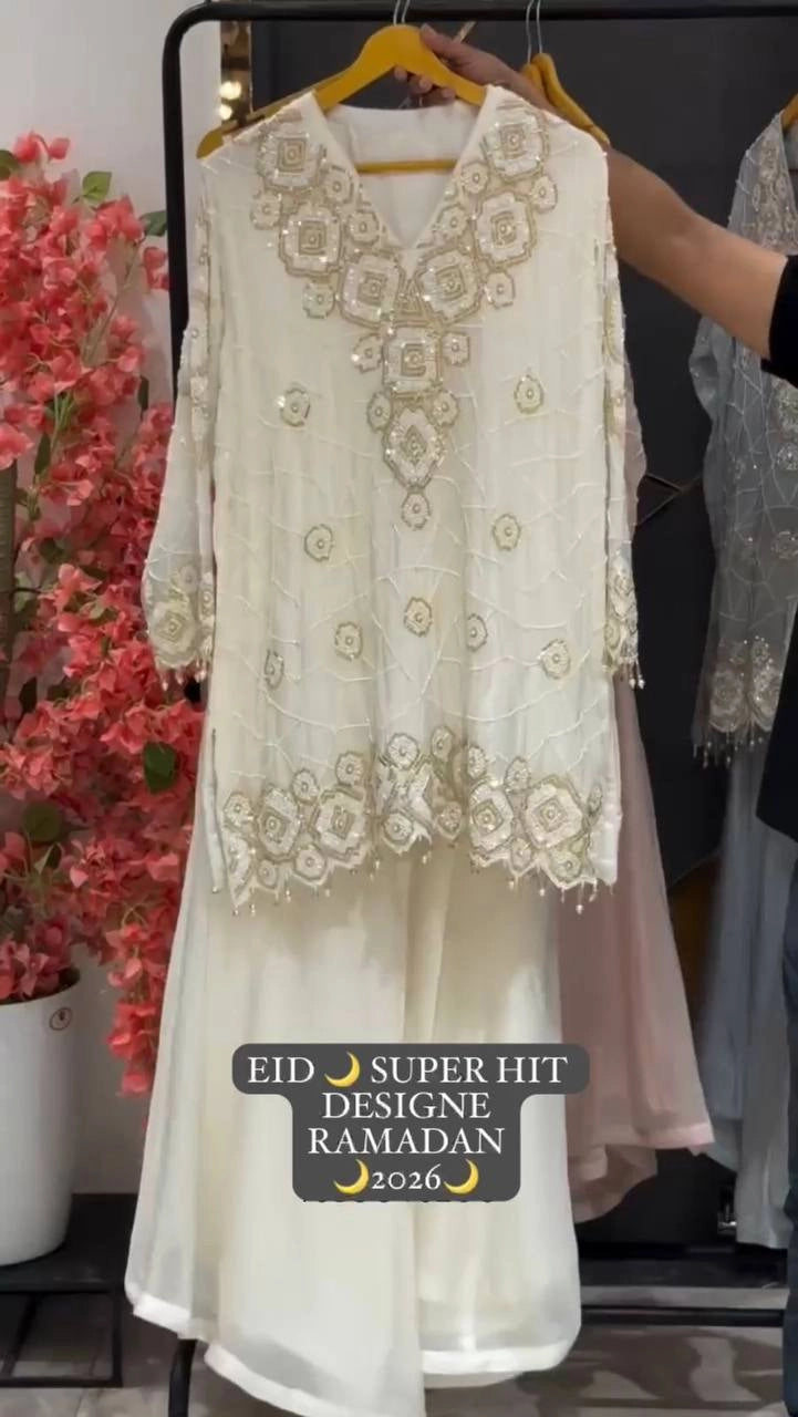 EID EXCLUSIVE AND TRENDY FOR WEDDING SEASON OUR SEQUENCE EMBROIDERY WORKED TOP, PLAZZO AND DUPATTA