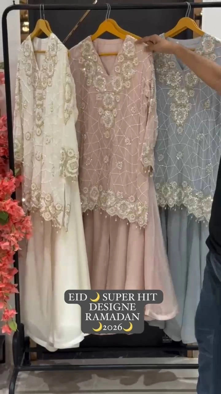 EID EXCLUSIVE AND TRENDY FOR WEDDING SEASON OUR SEQUENCE EMBROIDERY WORKED TOP, PLAZZO AND DUPATTA