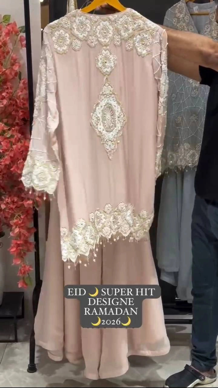 EID EXCLUSIVE AND TRENDY FOR WEDDING SEASON OUR SEQUENCE EMBROIDERY WORKED TOP, PLAZZO AND DUPATTA