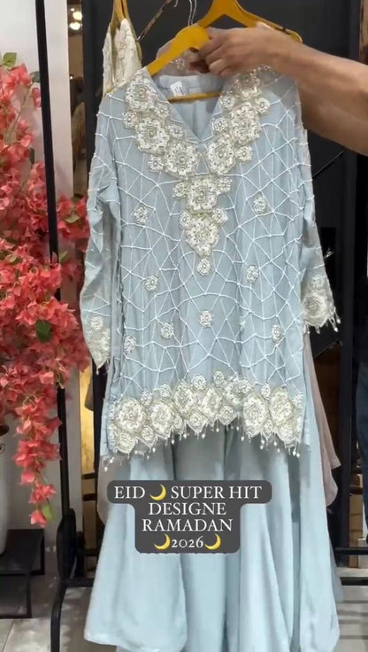 EID EXCLUSIVE AND TRENDY FOR WEDDING SEASON OUR SEQUENCE EMBROIDERY WORKED TOP, PLAZZO AND DUPATTA