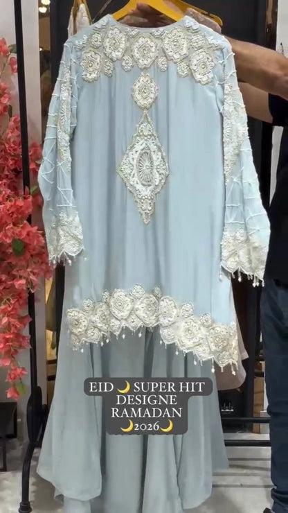 EID EXCLUSIVE AND TRENDY FOR WEDDING SEASON OUR SEQUENCE EMBROIDERY WORKED TOP, PLAZZO AND DUPATTA