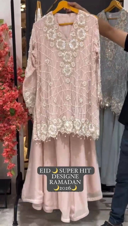 EID EXCLUSIVE AND TRENDY FOR WEDDING SEASON OUR SEQUENCE EMBROIDERY WORKED TOP, PLAZZO AND DUPATTA
