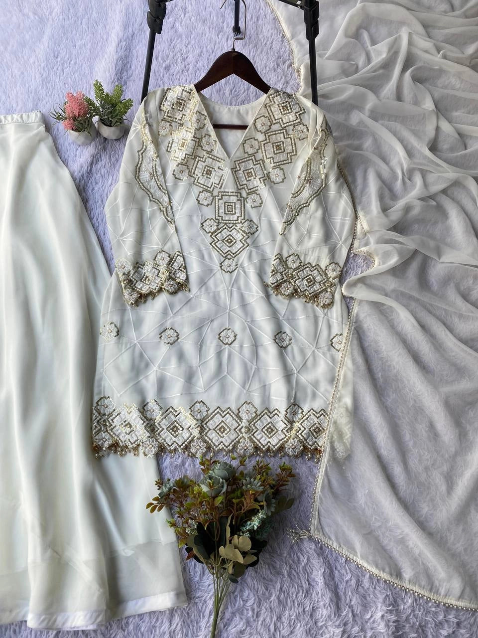 EID EXCLUSIVE AND TRENDY FOR WEDDING SEASON OUR SEQUENCE EMBROIDERY WORKED TOP, PLAZZO AND DUPATTA