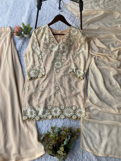 EID EXCLUSIVE AND TRENDY FOR WEDDING SEASON OUR SEQUENCE EMBROIDERY WORKED TOP, PLAZZO AND DUPATTA
