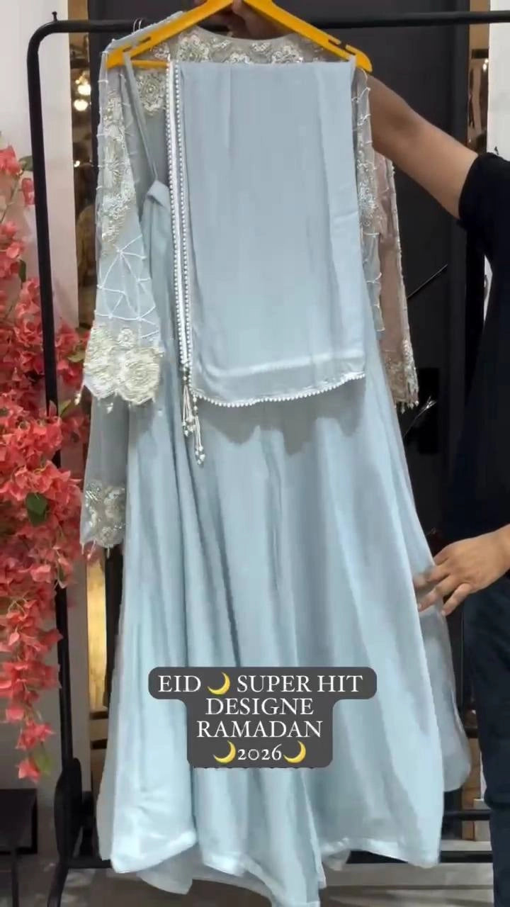 EID EXCLUSIVE AND TRENDY FOR WEDDING SEASON OUR SEQUENCE EMBROIDERY WORKED TOP, PLAZZO AND DUPATTA