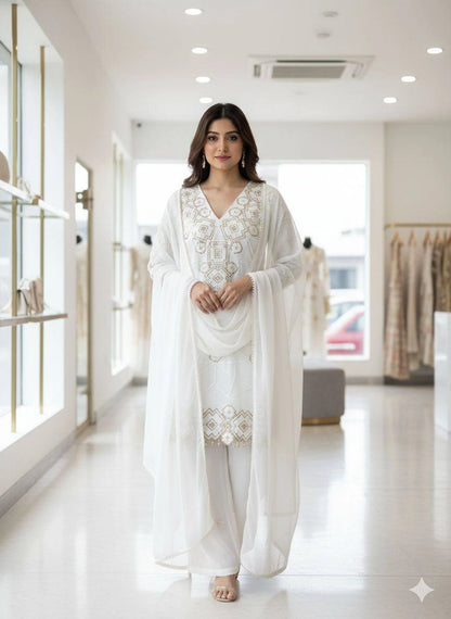 EID EXCLUSIVE AND TRENDY FOR WEDDING SEASON OUR SEQUENCE EMBROIDERY WORKED TOP, PLAZZO AND DUPATTA
