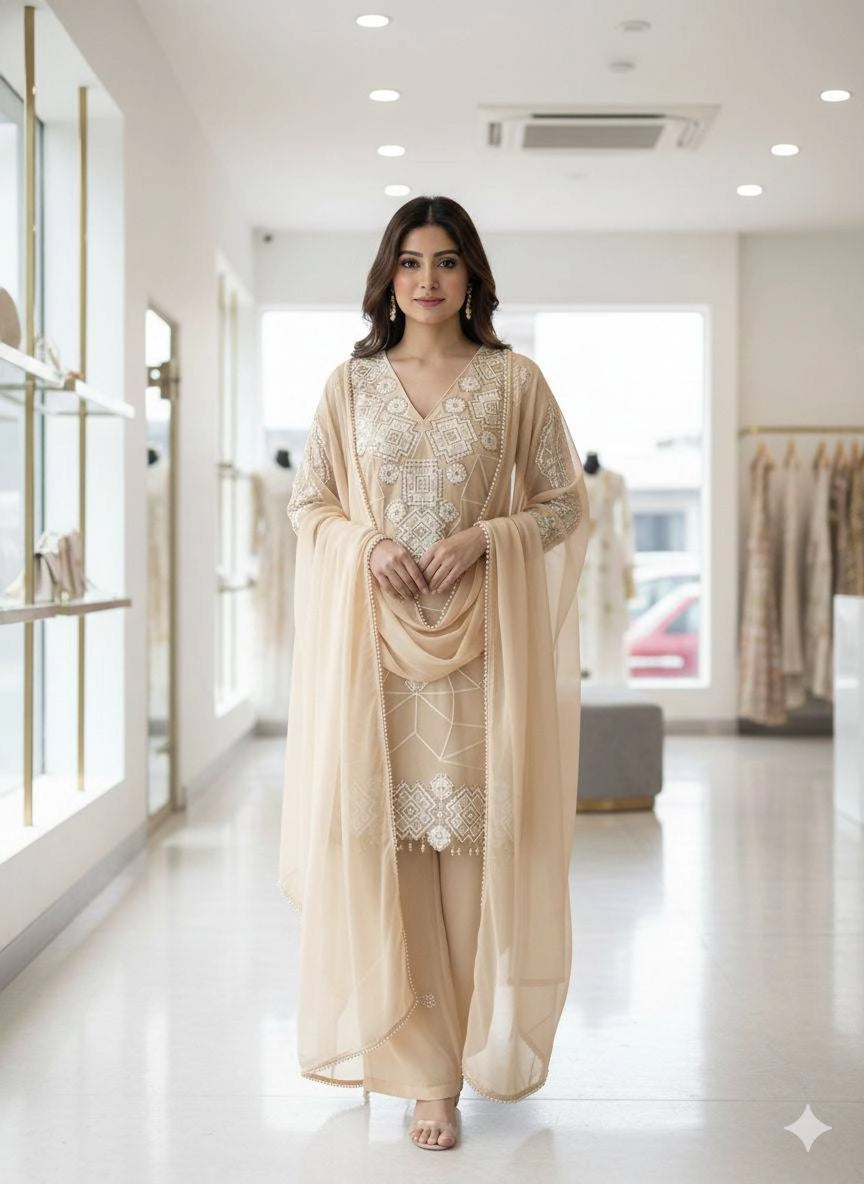 EID EXCLUSIVE AND TRENDY FOR WEDDING SEASON OUR SEQUENCE EMBROIDERY WORKED TOP, PLAZZO AND DUPATTA