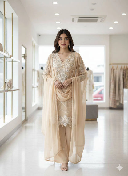 EID EXCLUSIVE AND TRENDY FOR WEDDING SEASON OUR SEQUENCE EMBROIDERY WORKED TOP, PLAZZO AND DUPATTA
