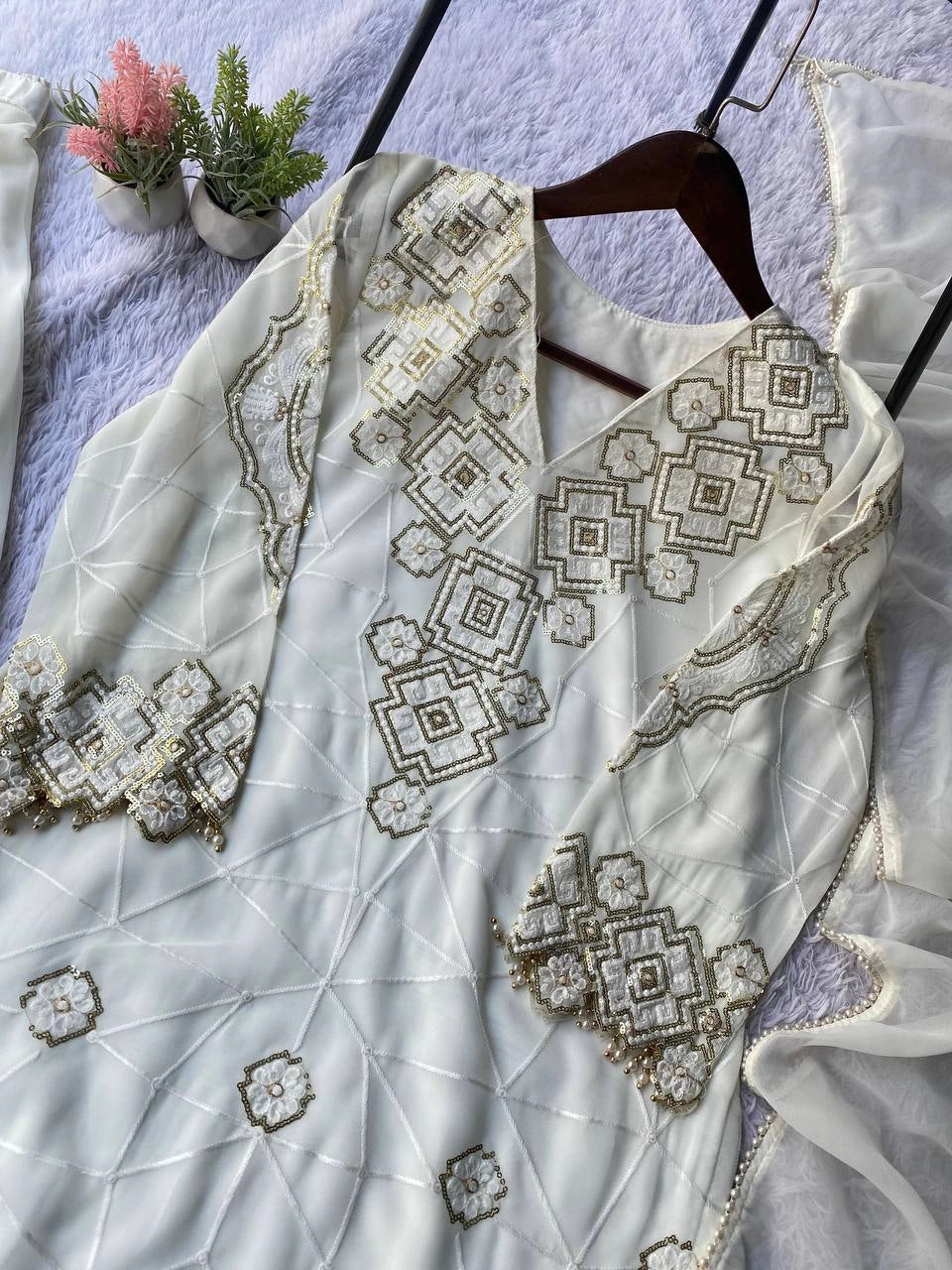 EID EXCLUSIVE AND TRENDY FOR WEDDING SEASON OUR SEQUENCE EMBROIDERY WORKED TOP, PLAZZO AND DUPATTA