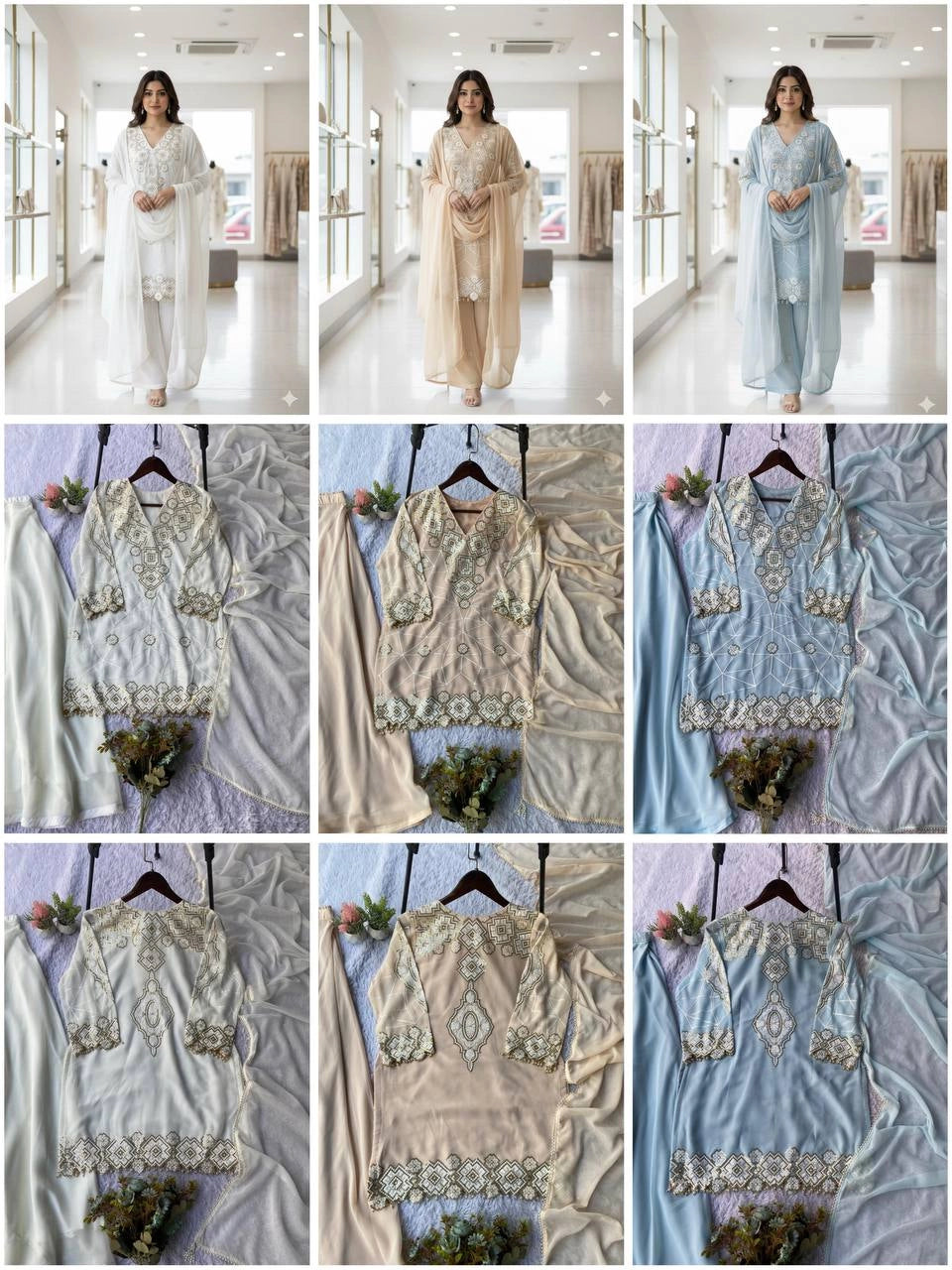 EID EXCLUSIVE AND TRENDY FOR WEDDING SEASON OUR SEQUENCE EMBROIDERY WORKED TOP, PLAZZO AND DUPATTA