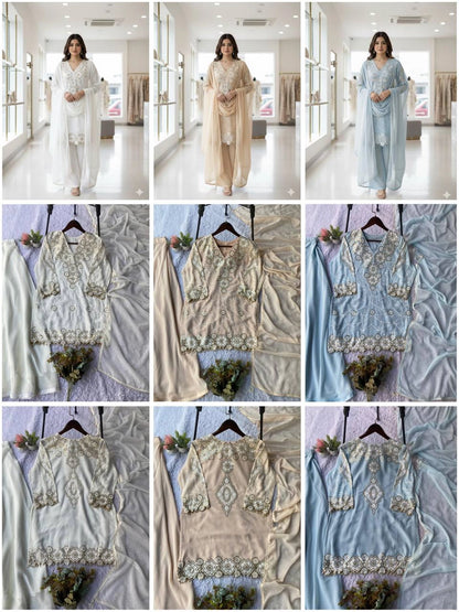 EID EXCLUSIVE AND TRENDY FOR WEDDING SEASON OUR SEQUENCE EMBROIDERY WORKED TOP, PLAZZO AND DUPATTA