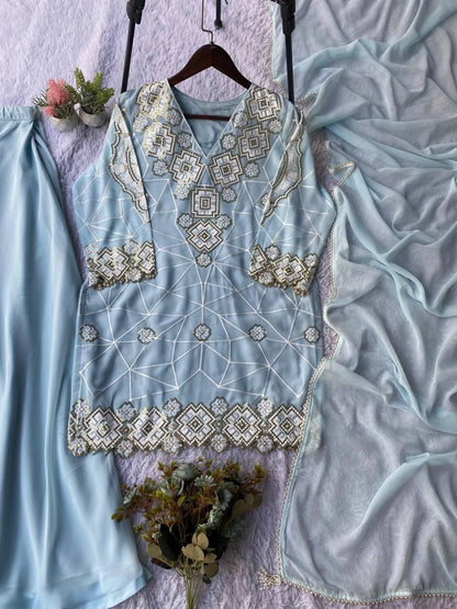 EID EXCLUSIVE AND TRENDY FOR WEDDING SEASON OUR SEQUENCE EMBROIDERY WORKED TOP, PLAZZO AND DUPATTA