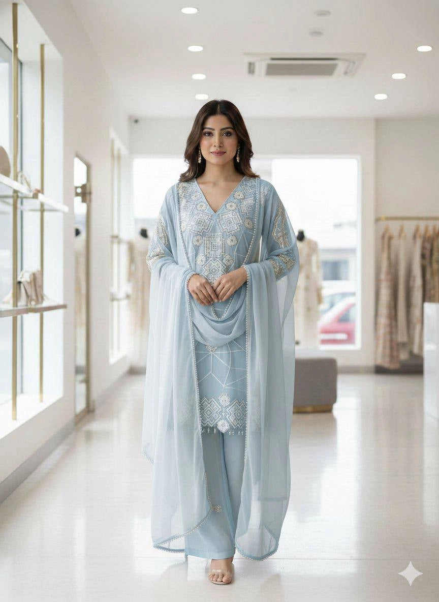 EID EXCLUSIVE AND TRENDY FOR WEDDING SEASON OUR SEQUENCE EMBROIDERY WORKED TOP, PLAZZO AND DUPATTA