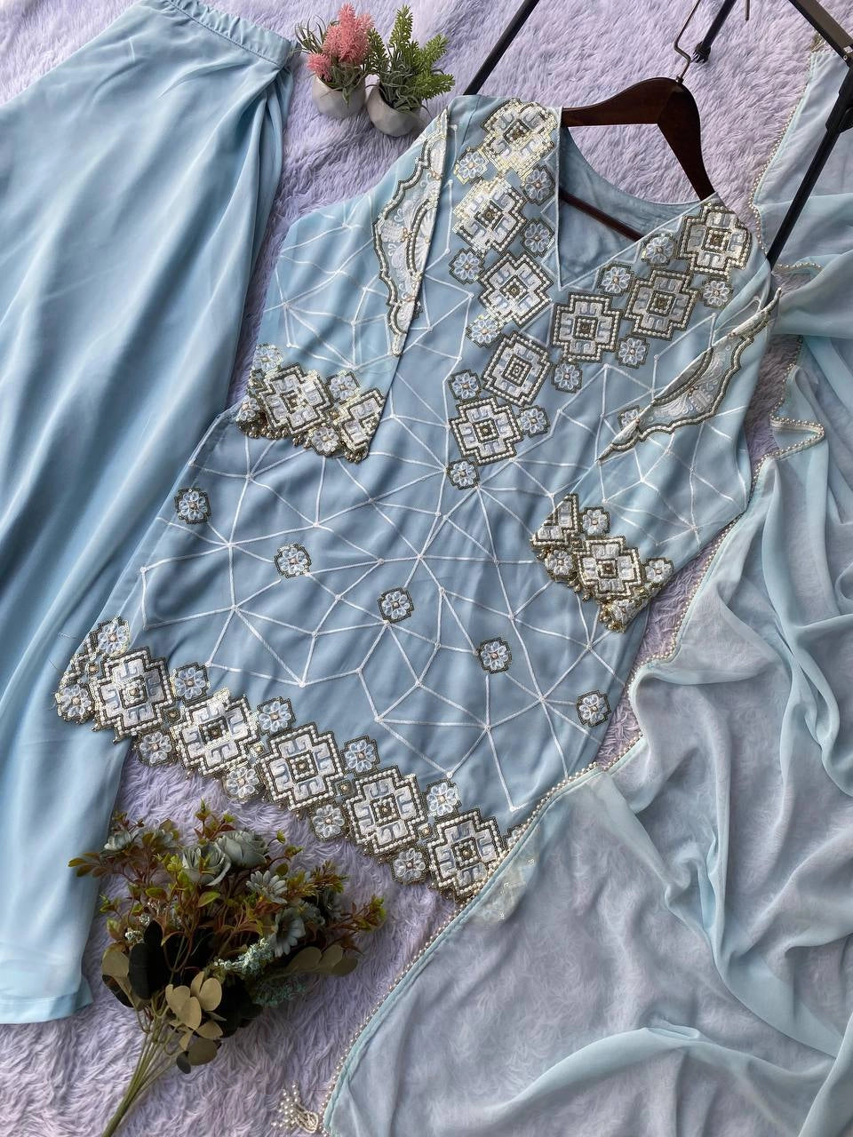 EID EXCLUSIVE AND TRENDY FOR WEDDING SEASON OUR SEQUENCE EMBROIDERY WORKED TOP, PLAZZO AND DUPATTA
