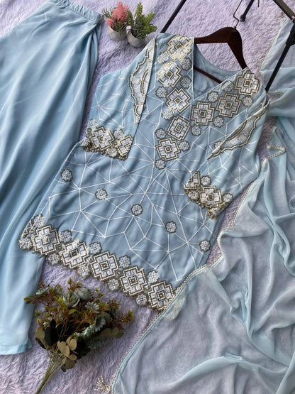 EID EXCLUSIVE AND TRENDY FOR WEDDING SEASON OUR SEQUENCE EMBROIDERY WORKED TOP, PLAZZO AND DUPATTA