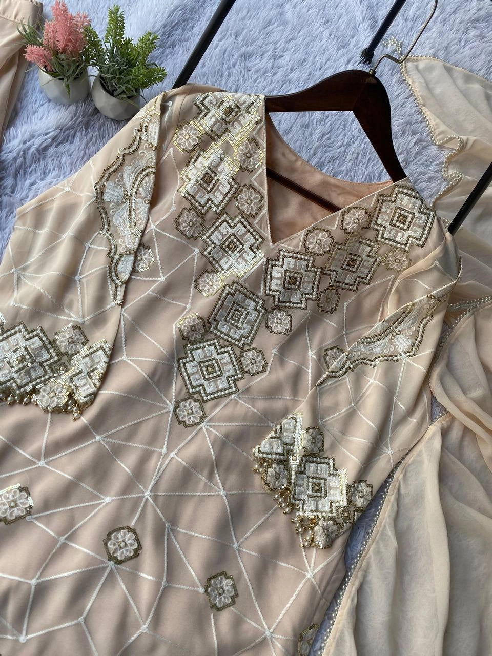 EID EXCLUSIVE AND TRENDY FOR WEDDING SEASON OUR SEQUENCE EMBROIDERY WORKED TOP, PLAZZO AND DUPATTA