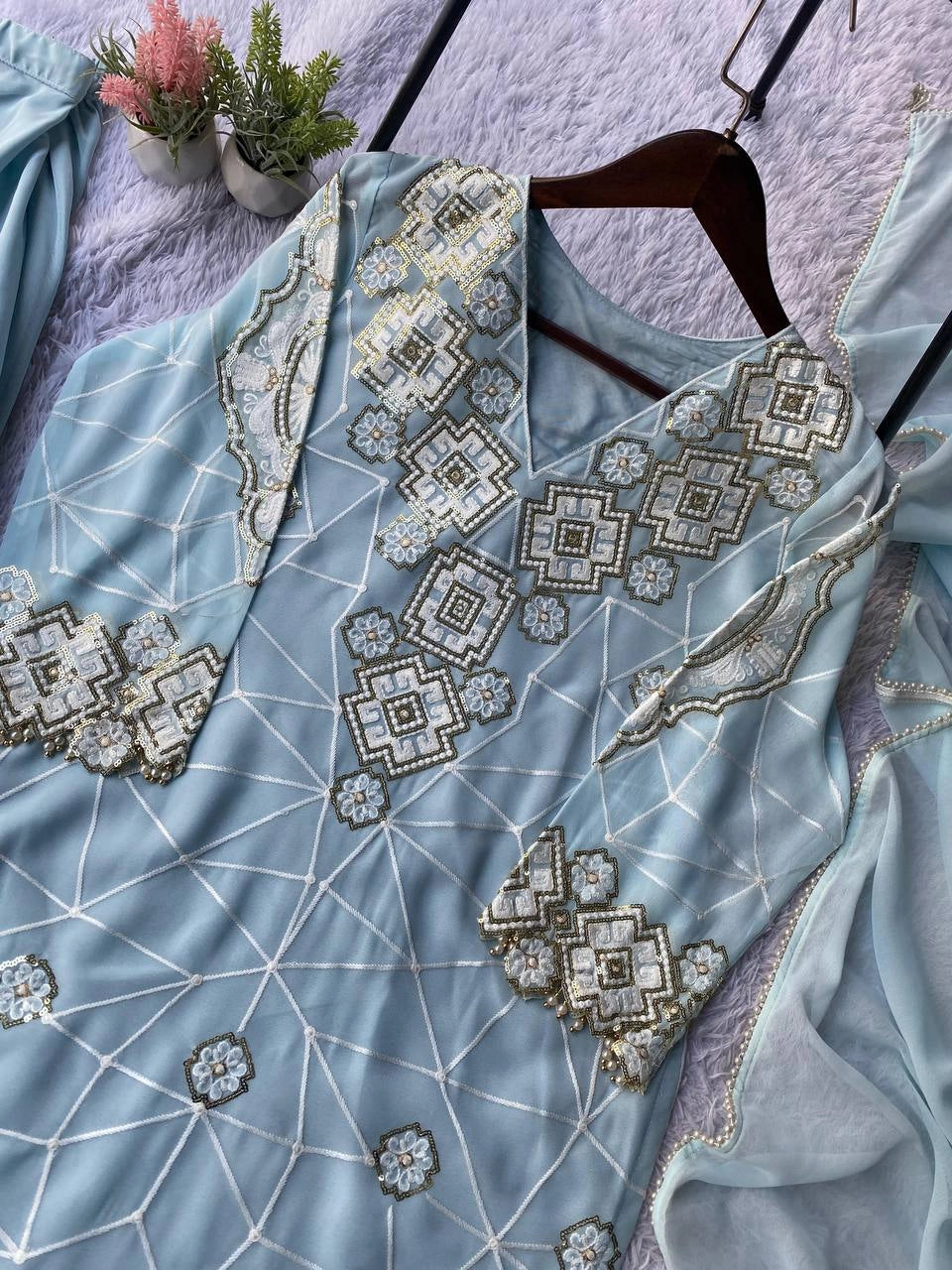 EID EXCLUSIVE AND TRENDY FOR WEDDING SEASON OUR SEQUENCE EMBROIDERY WORKED TOP, PLAZZO AND DUPATTA