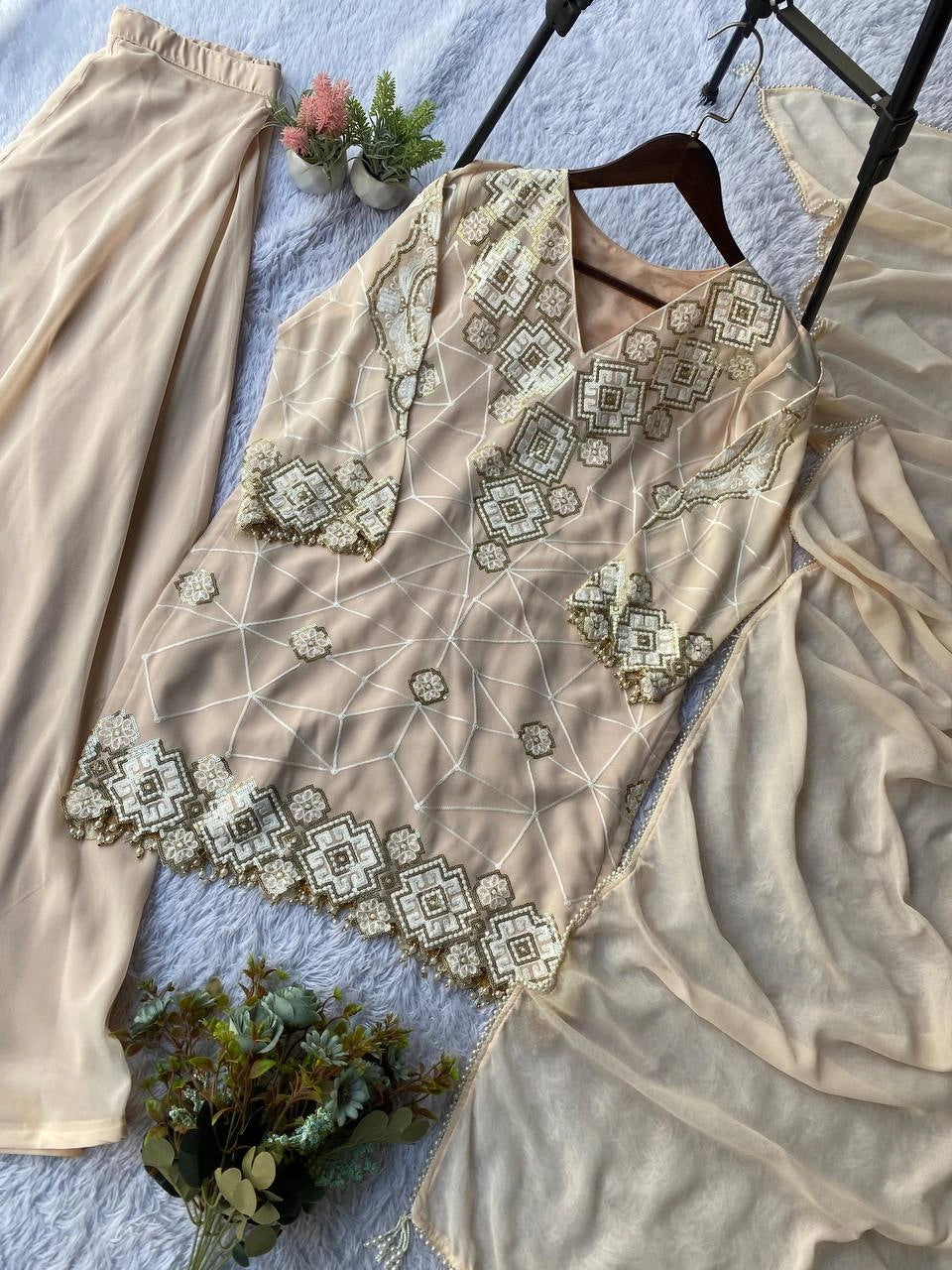 EID EXCLUSIVE AND TRENDY FOR WEDDING SEASON OUR SEQUENCE EMBROIDERY WORKED TOP, PLAZZO AND DUPATTA
