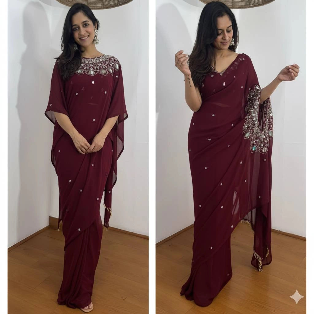 EXCLUSIVE READYMADE 2 STYLES HAND WORKED DRAPE SAREE ON FAUX GEORGETTE FABRIC WITH STITCHED BLOUSE