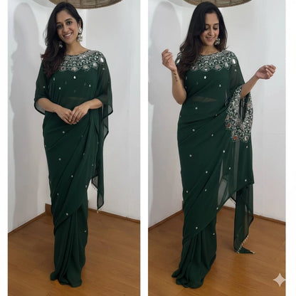 EXCLUSIVE READYMADE 2 STYLES HAND WORKED DRAPE SAREE ON FAUX GEORGETTE FABRIC WITH STITCHED BLOUSE