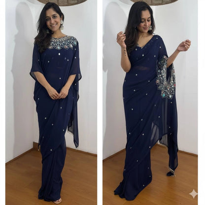 EXCLUSIVE READYMADE 2 STYLES HAND WORKED DRAPE SAREE ON FAUX GEORGETTE FABRIC WITH STITCHED BLOUSE