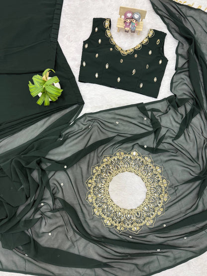 EXCLUSIVE READYMADE 2 STYLES HAND WORKED DRAPE SAREE ON FAUX GEORGETTE FABRIC WITH STITCHED BLOUSE