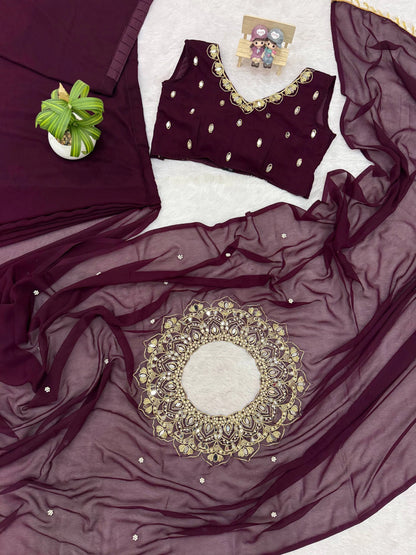 EXCLUSIVE READYMADE 2 STYLES HAND WORKED DRAPE SAREE ON FAUX GEORGETTE FABRIC WITH STITCHED BLOUSE