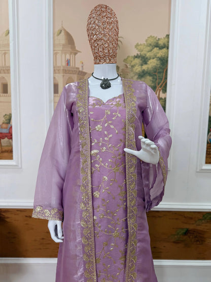 IN OUR COLLECTION THIS STUNNING JIMY SILK FABRIC KURTI, KOTI & PLAZZO IS COMING WITH HEAVY EMBROIDERY WORK & ELEGANT STYLE