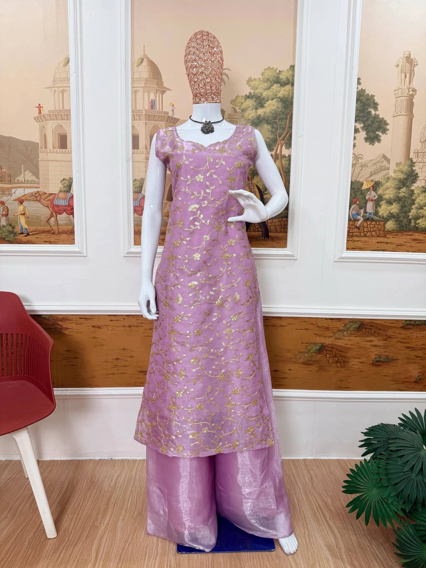 IN OUR COLLECTION THIS STUNNING JIMY SILK FABRIC KURTI, KOTI & PLAZZO IS COMING WITH HEAVY EMBROIDERY WORK & ELEGANT STYLE