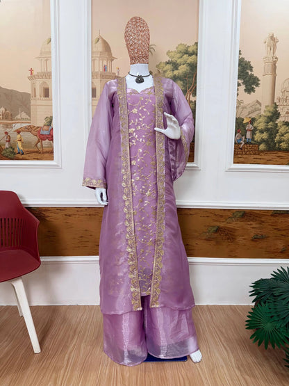 IN OUR COLLECTION THIS STUNNING JIMY SILK FABRIC KURTI, KOTI & PLAZZO IS COMING WITH HEAVY EMBROIDERY WORK & ELEGANT STYLE