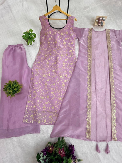 IN OUR COLLECTION THIS STUNNING JIMY SILK FABRIC KURTI, KOTI & PLAZZO IS COMING WITH HEAVY EMBROIDERY WORK & ELEGANT STYLE