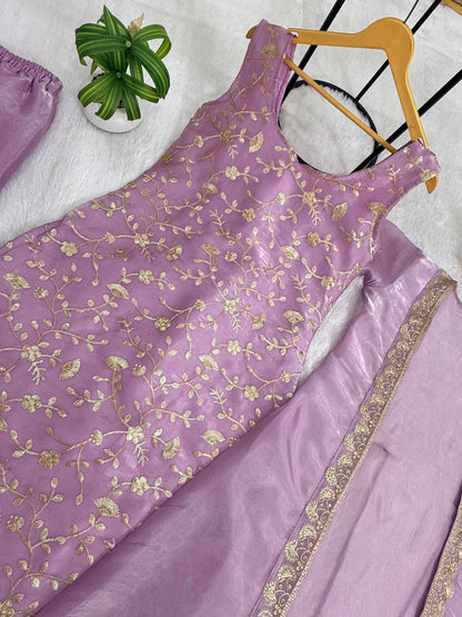 IN OUR COLLECTION THIS STUNNING JIMY SILK FABRIC KURTI, KOTI & PLAZZO IS COMING WITH HEAVY EMBROIDERY WORK & ELEGANT STYLE