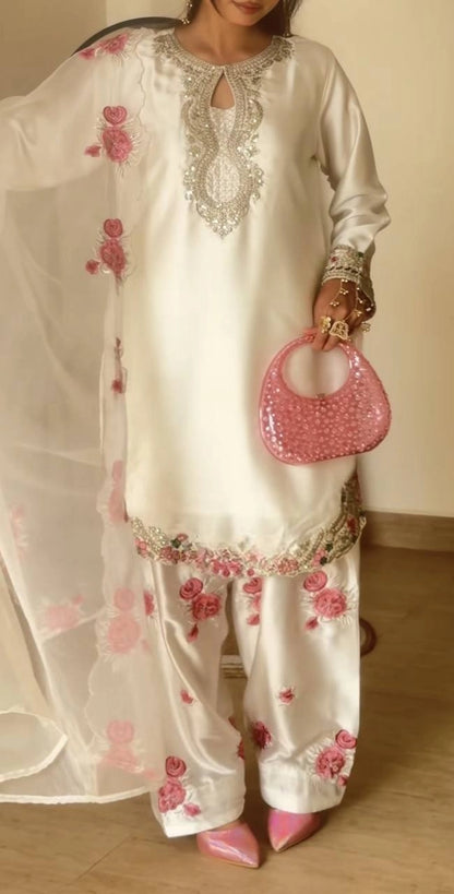 PREMIUM WHITE PINK EMBROIDERED FARSHI SUIT SET WITH DUPATTA | WHOLESALE AT GEELAN FASHION SURAT