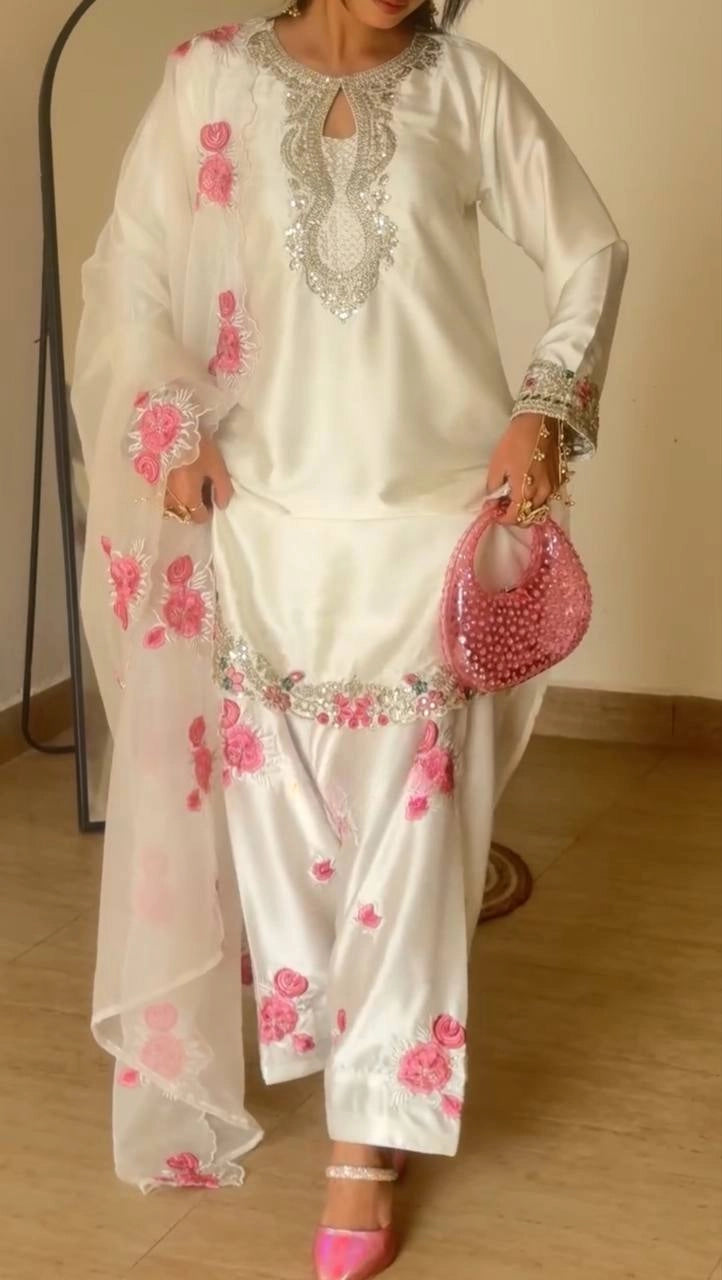 PREMIUM WHITE PINK EMBROIDERED FARSHI SUIT SET WITH DUPATTA | WHOLESALE AT GEELAN FASHION SURAT